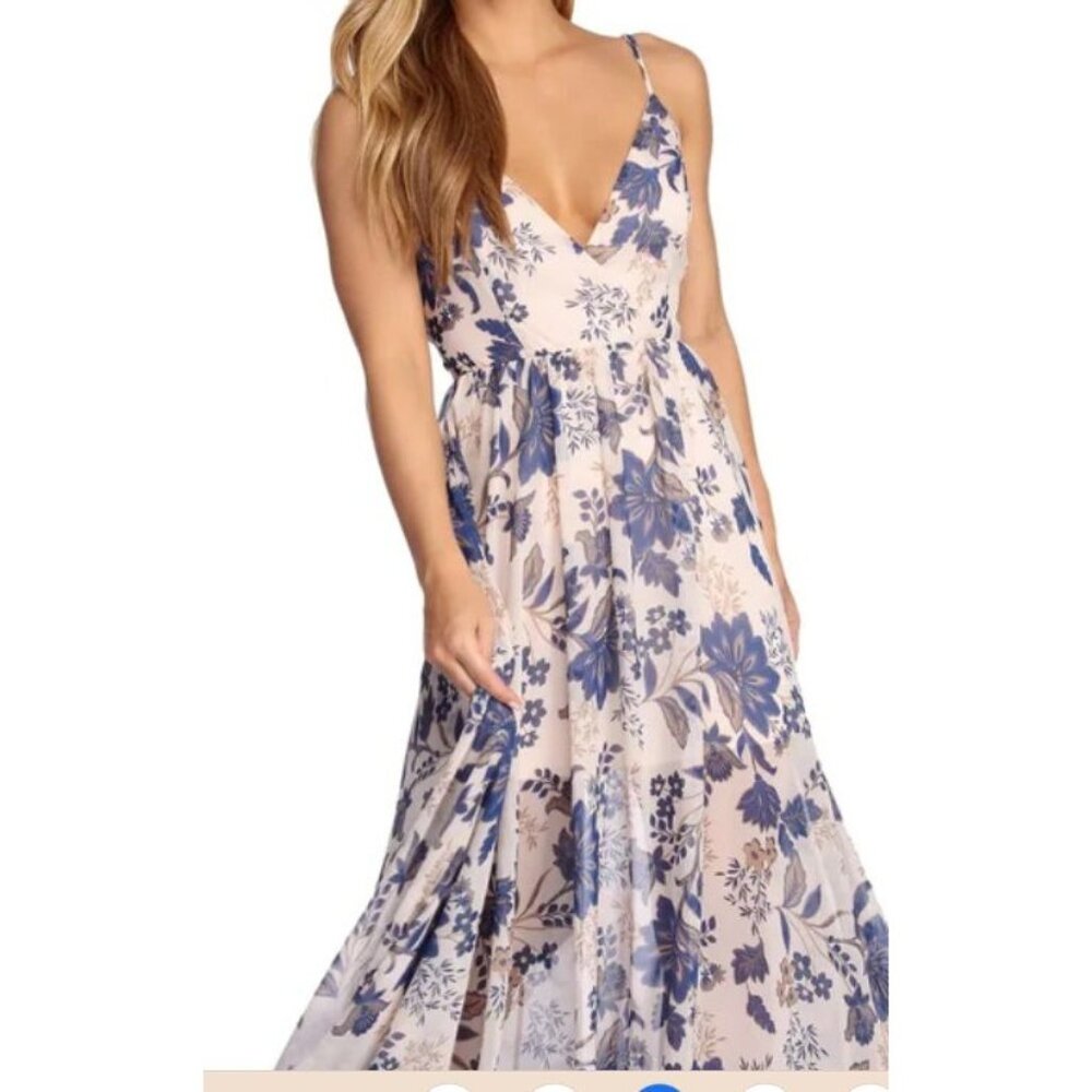Windsor Maxi Dress Blue & White Floral Tie Back Small